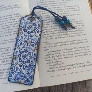 Blue and White tile azulejo bookmark, Wood bookmark, Spanish portuguese tile bookmark, Mediterranean tile, Portuguese tile, Bookish gift image 4
