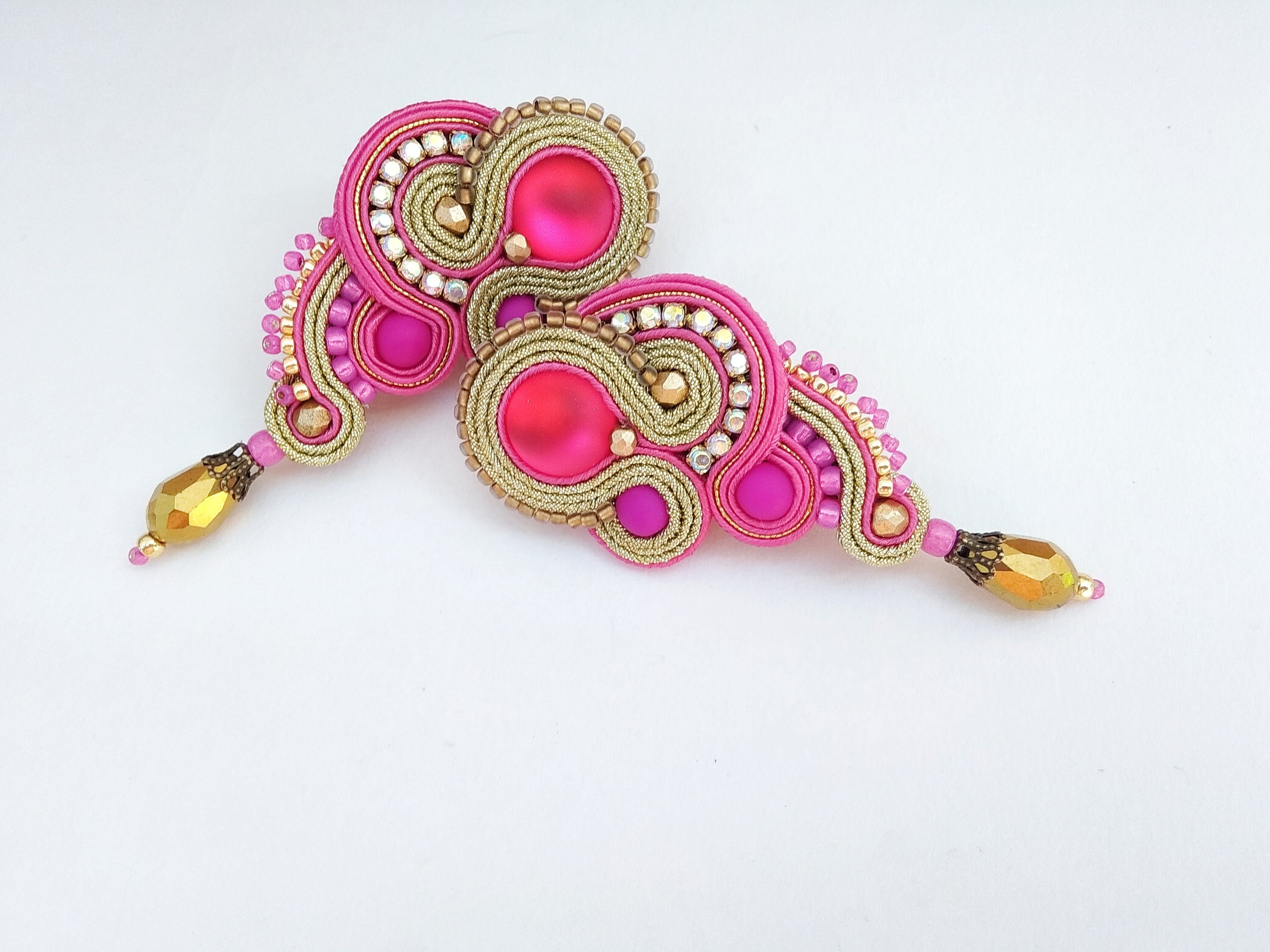 Pendientes Soutache Fucsia Dorado Pendientes Invitada Boda Etsy