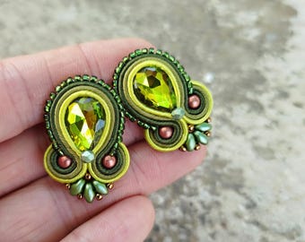 Olive Green Soutache Embroidered Earring, Green Prom Dressy Earring,  Chartreuse Green Khaki Large Stud Earring, Crystal Evening Earring