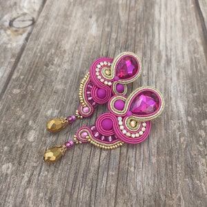 Fuchsia Gold Crystals Earrings, Fuchsia Soutache embroidered Earring, Hot Pink Clip on earring, Rhinestone Evening earrings, Magenta Earring
