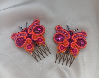 Peineta Mariposa pedrería cristal Rosa Fucsia Naranja, Peinecillos  Bordado Soutache, Peinecillos Flamenca set de dos, Peineta clip de pelo