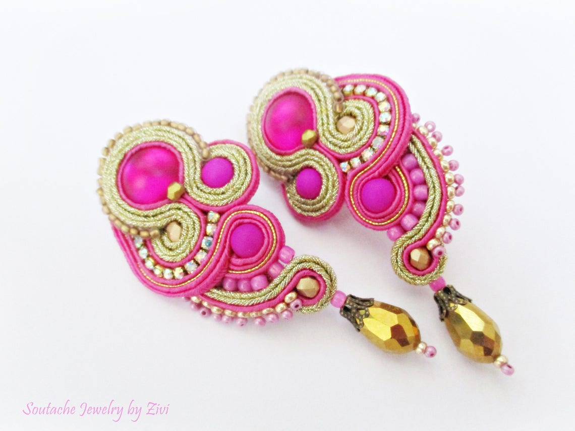 Pendientes Soutache Fucsia Dorado Pendientes Invitada Boda Etsy