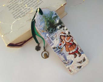 Girl birds winter garden bookmark, Wood Christmas bookmark, Birds Robin bookmark, Victorian traditional Christmas, Christmas present