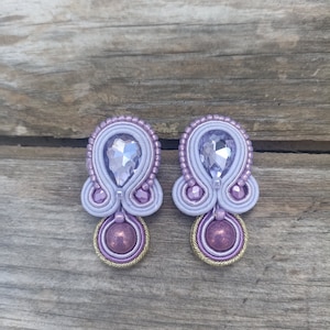 Lilac large stud crystals earrings, Mauve lilac Soutache embroidered earring, Prom evening lilac earring, Short rhinestone earring image 1