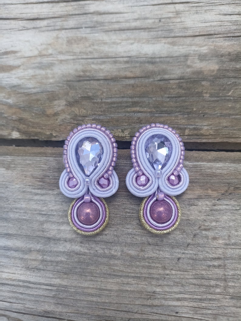 Lilac large stud crystals earrings, Mauve lilac Soutache embroidered earring, Prom evening lilac earring, Short rhinestone earring image 1