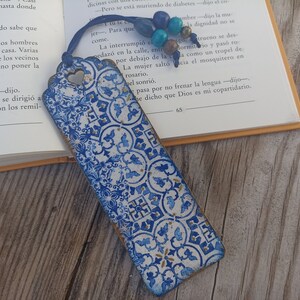 Blue and White tile azulejo bookmark, Wood bookmark, Spanish portuguese tile bookmark, Mediterranean tile, Portuguese tile, Bookish gift image 5