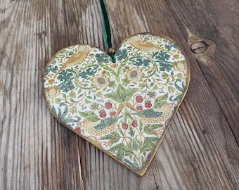 William Morris Strawberry Thief hanging heart ornament, Large Wood hanging heart decor, William Morris ornament, William Morris gift