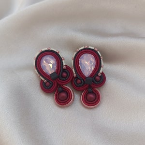 Burgundy pink short Soutache embroidered earrings, Large stud earrings, Pink crystals rhinestone earring, Black Burgundy image 3