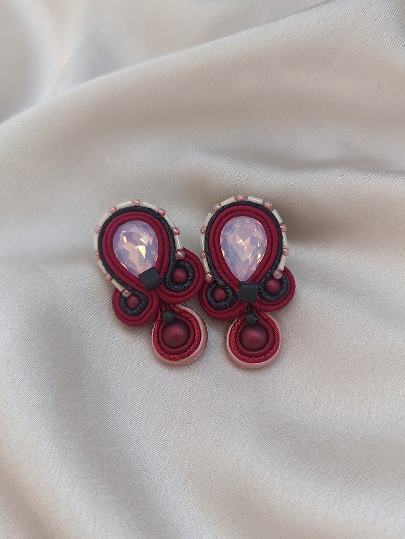 Burgundy pink short Soutache embroidered earrings, Large stud earrings, Pink crystals rhinestone earring, Black Burgundy image 3