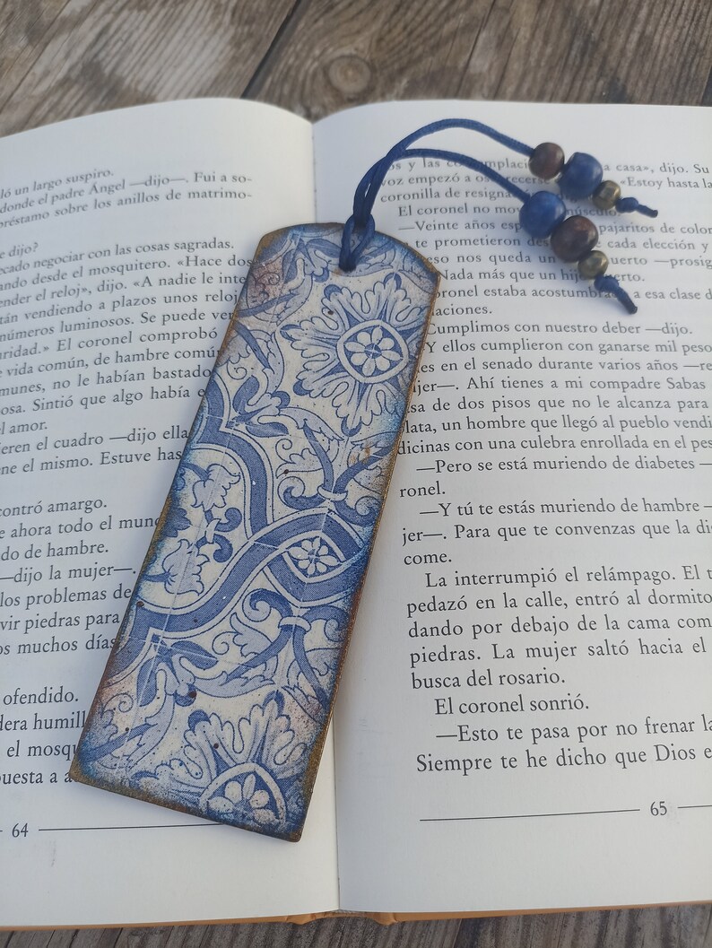 Blue and White tile azulejo bookmark, Wood bookmark, Spanish portuguese tile bookmark, Mediterranean tile, Portuguese tile, Bookish gift image 7