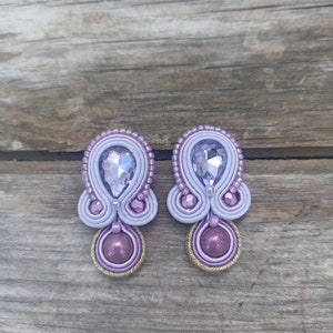 Lilac large stud crystals earrings, Mauve lilac Soutache embroidered earring, Prom evening lilac earring, Short rhinestone earring image 4