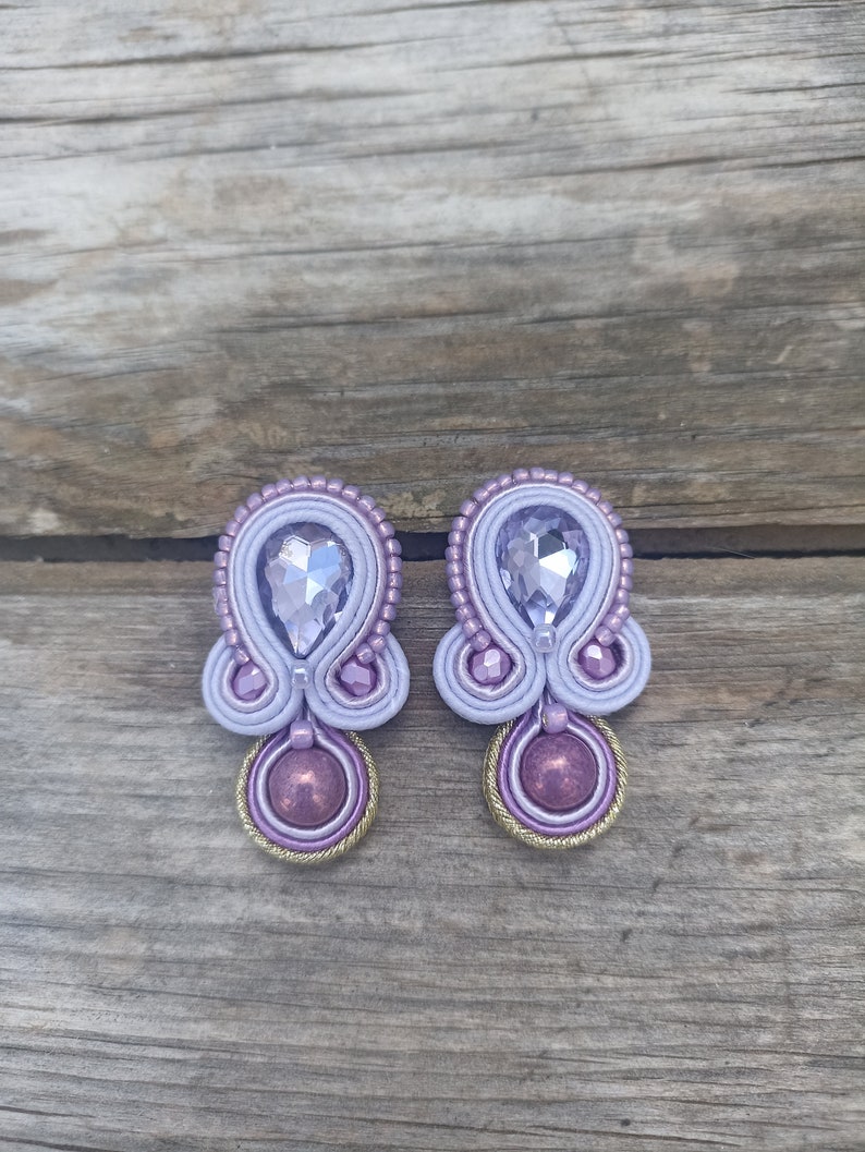 Lilac large stud crystals earrings, Mauve lilac Soutache embroidered earring, Prom evening lilac earring, Short rhinestone earring image 4