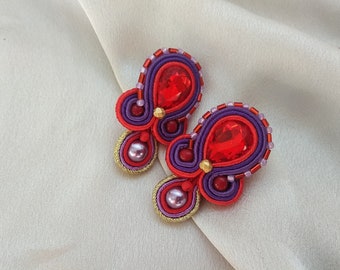 Red violet earrings short soutache embroidered earrings, Bright red mauve large stud earrings, Red crystal rhinestone earrings, Prom earring