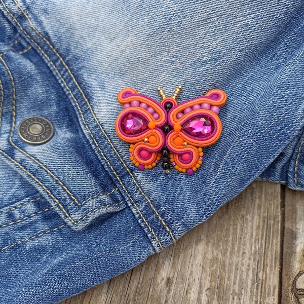 Broche Mariposa pedrería cristal Rosa Fucsia Naranja, Broche Bordado Soutache, Broche Insecto Mariposa, Regalo Para mama, Broche Flamenca