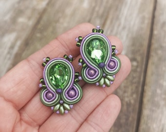 Green Purple Soutache large stud Earrings, Mauve Green Embroidered Earring, Lilac green crystals Earring, Prom Evening rhinestone earrings