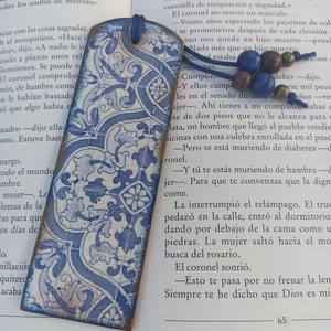 Blue and White tile azulejo bookmark, Wood bookmark, Spanish portuguese tile bookmark, Mediterranean tile, Portuguese tile, Bookish gift image 3