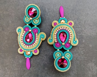 Statement Long Colorful Soutache Earrings, Gold Teal Fuchsia Earrings, Gold Teal Rhinestone Crystals Evening earrings, Bright long earrings