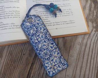 Blue and White tile azulejo bookmark, Wood bookmark, Spanish portuguese tile bookmark, Mediterranean tile, Portuguese tile, Bookish gift