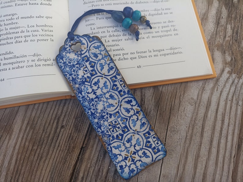 Blue and White tile azulejo bookmark, Wood bookmark, Spanish portuguese tile bookmark, Mediterranean tile, Portuguese tile, Bookish gift image 1