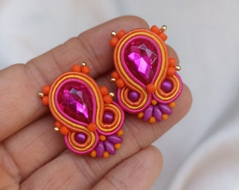 Orange Fuchsia Soutache earrings, Magenta hot pink evening rhinestone stud earring, Orange colorful large stud earring, Beaded earring
