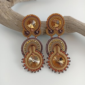 Brown Earth tone dangle drop Soutache embroidered post Earrings, Light Brown caramel earring, Evening Brown gold topaz crystals earring