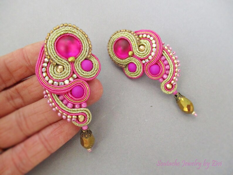 Pendientes Soutache Fucsia Dorado Pendientes Invitada Boda Etsy