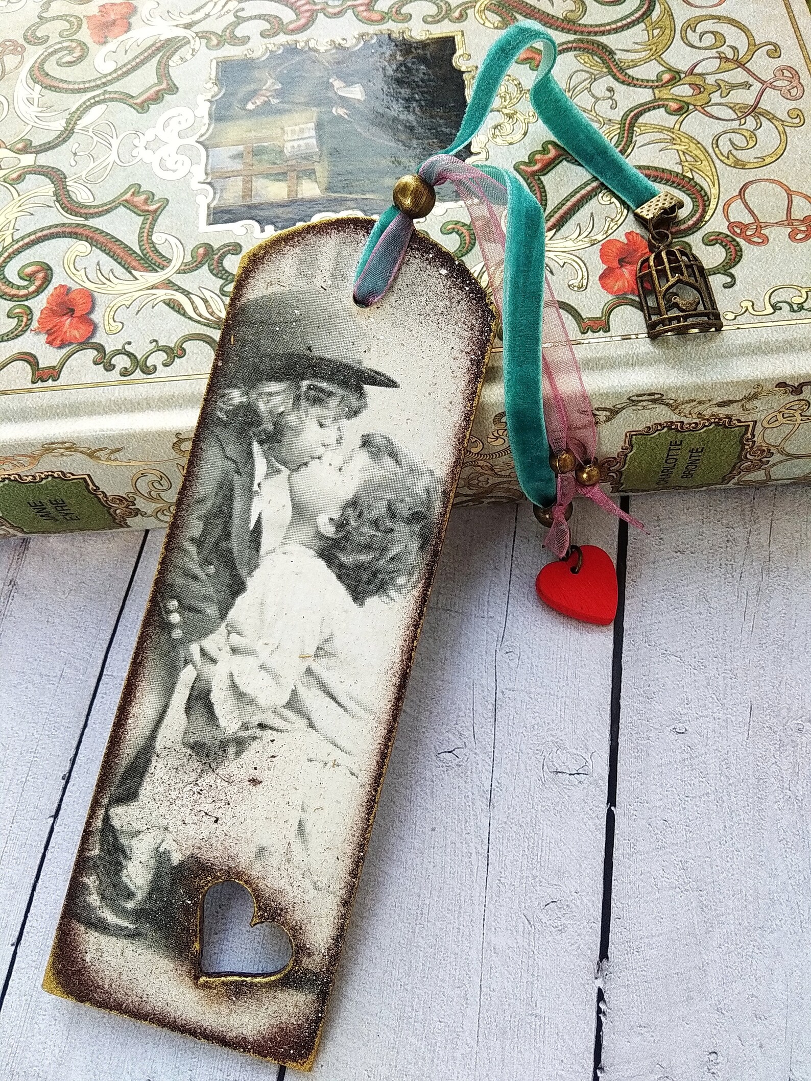 Love Hearts Valentine wood bookmark Birds Cherry Blossom | Etsy