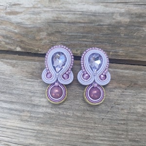 Lilac large stud crystals earrings, Mauve lilac Soutache embroidered earring, Prom evening lilac earring, Short rhinestone earring image 2