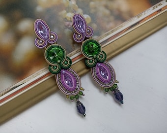 Lilac Green Long dangle Soutache embroidered earrings, Mauve Green Statement crystals earring, Tan beige lilac earring, Long Evening earring