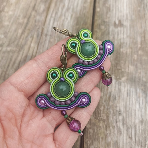 Green Purple boho Soutache dangle drop Earrings, Green violet Everyday earrings, Green stone Earrings, Aventurine Earrings, Soutache jewelry