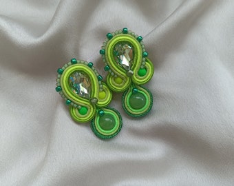 Lime Green Soutache Embroidered Large stud Earrings, Neon Green Earrings, Chartreuse Green Earrings, Evening crystals earrings, Green ombre