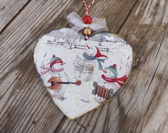 Snowman wooden Christmas Hanging ornament, Hanging heart onament, Merry Christmas ornament, Wood Christmas Hanging heart ornament