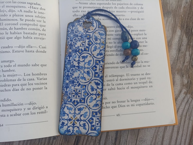 Blue and White tile azulejo bookmark, Wood bookmark, Spanish portuguese tile bookmark, Mediterranean tile, Portuguese tile, Bookish gift image 6