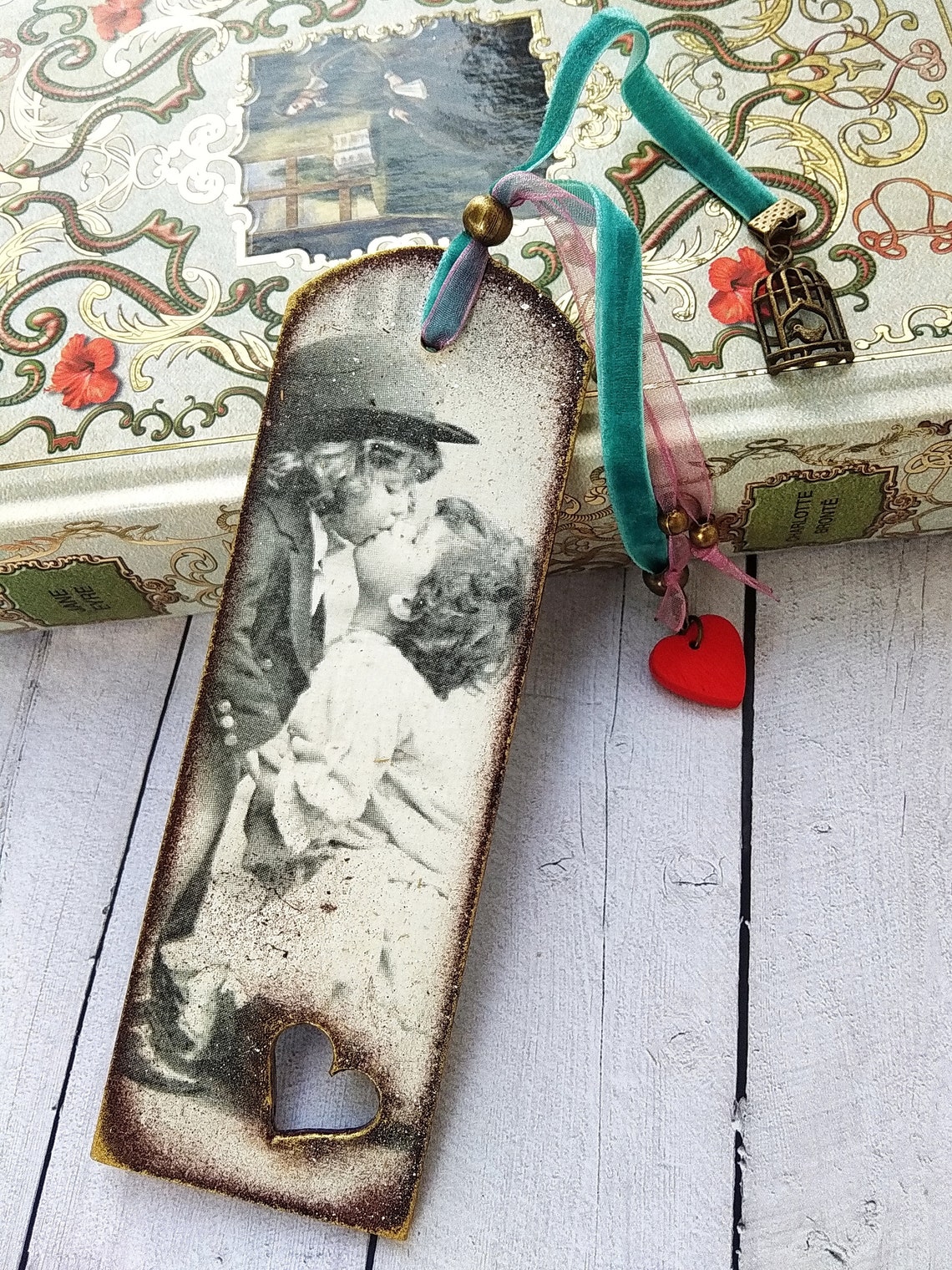 Love Hearts Valentine wood bookmark Birds Cherry Blossom | Etsy