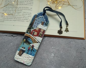 Christmas village bookmark, Wood bookmark, Winter wonderland, Unique gift idea, Winter gift, Ice  skating winter scenary, Folk art bookmark