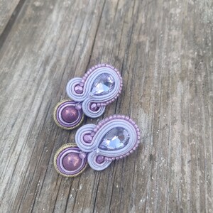 Lilac large stud crystals earrings, Mauve lilac Soutache embroidered earring, Prom evening lilac earring, Short rhinestone earring image 5