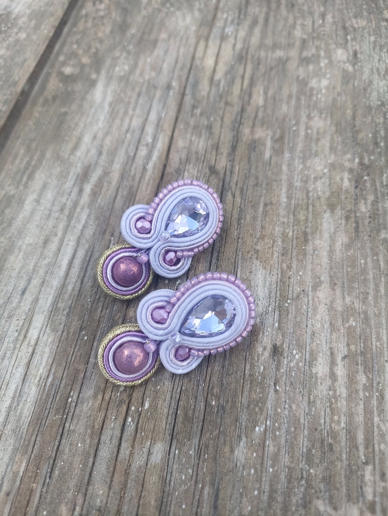 Lilac large stud crystals earrings, Mauve lilac Soutache embroidered earring, Prom evening lilac earring, Short rhinestone earring image 5