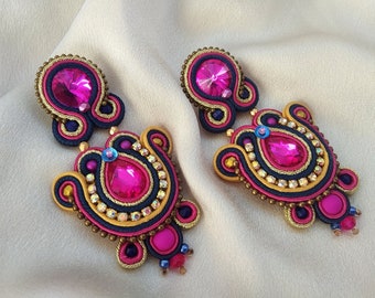 Pendientes Soutache Largos Fucsia, Pendientes Azul Marino-Fucsia- Dorado, Pendientes Soutache Flamenca, Pendientes Largos Azul Fucsia