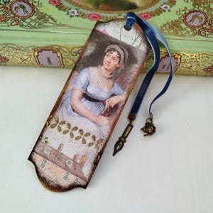 Marcapaginas Jane Austen, Marcapaginas madera Jane Austen con cinta de terciopelo, Emma Orgullo y Prejuicio, Marcador literario