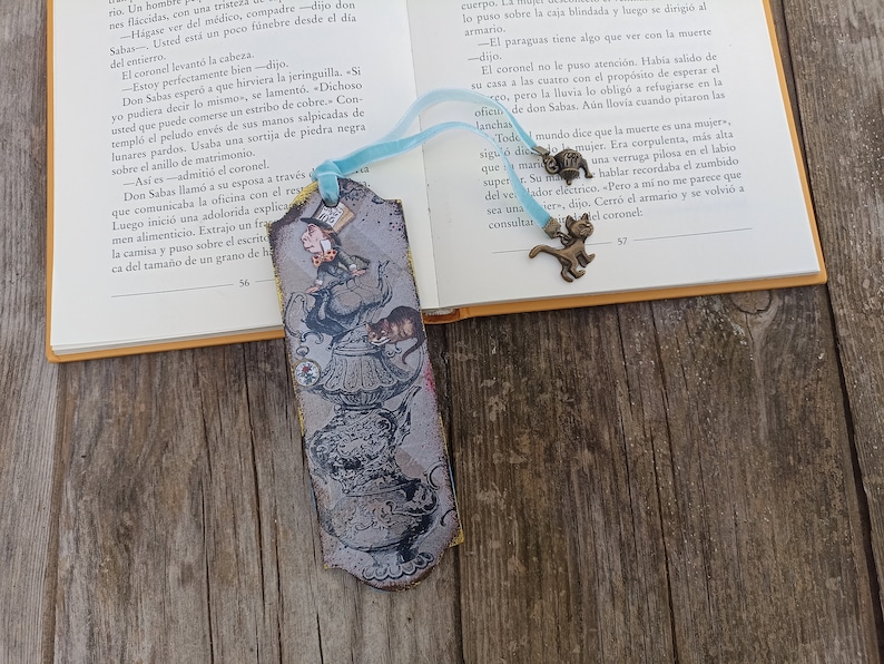 Alice in Wonderland Bookmark, Wood literary Bookmark, Mad Tea Party, Cheshire Cat Bookmark, Bookish Gift for Book Lover, Literary gif image 1