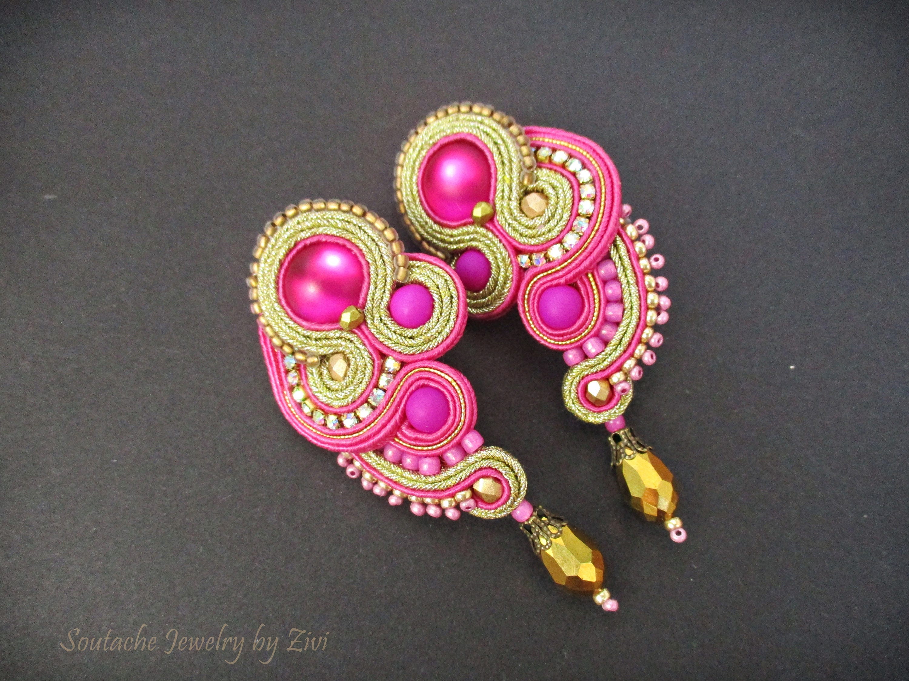 Pendientes Soutache Fucsia Dorado Pendientes Invitada Boda Etsy