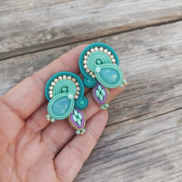 Teal Mint Green large stud earring, Mint large stud earring, Soutache earrings, Mint Green Teal Mauve earring, Evening earrings