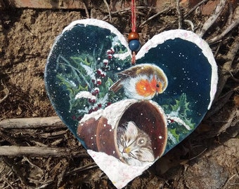 Kitten and Robin winter Christmas ornament, Heart wood hanging, Xmas wall decor, Cat Christmas decoration, Cat lover gift, Robin ornament