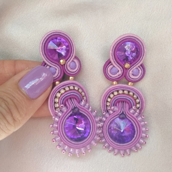 Lilac dangle drop medium earrings, Soutache embroidered lavender violet earrings, Rhinestone crystals purple mauve earrings, Prom earrings