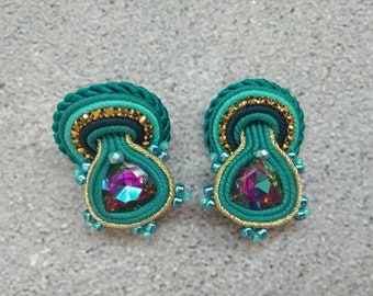 Teal blue Soutache stud post  earrings, Petrol blue earrings, Embroidered earrings, Triangle stud earrings, Crystal rhinestone earrings