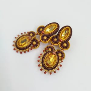 Mustard Ocher Brown Boho Soutache Earrings, Warm tones Soutache Embroidered Earring Mid Size Earring Yellow Crystals
