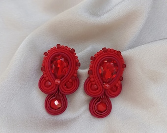 Red crystals stud earring, Red Soutache embroidered earrings, Rhinestone crystals earrings, Red Evening earrings, Jewelry gift for mom