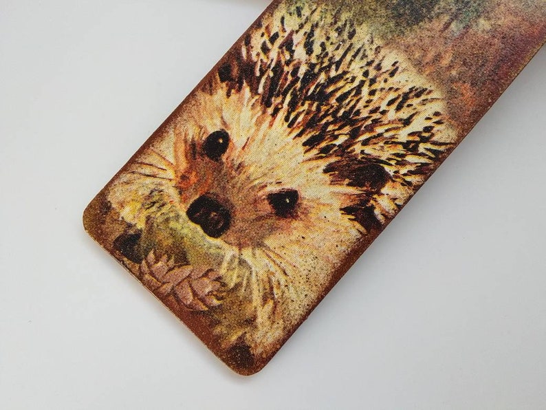 Hedgehog autumn bird wood bookmark, Hedgehog Robin woodland bookmark, Autumn nature, Gift for nature lover, Wild animals, British wildlife image 9