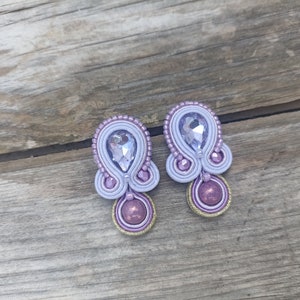 Lilac large stud crystals earrings, Mauve lilac Soutache embroidered earring, Prom evening lilac earring, Short rhinestone earring image 7