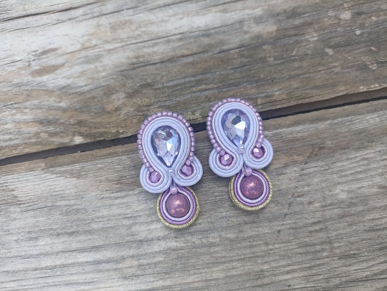 Lilac large stud crystals earrings, Mauve lilac Soutache embroidered earring, Prom evening lilac earring, Short rhinestone earring image 7